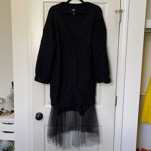 Chunky Black Knit Cardigan Tulle Sheer Large